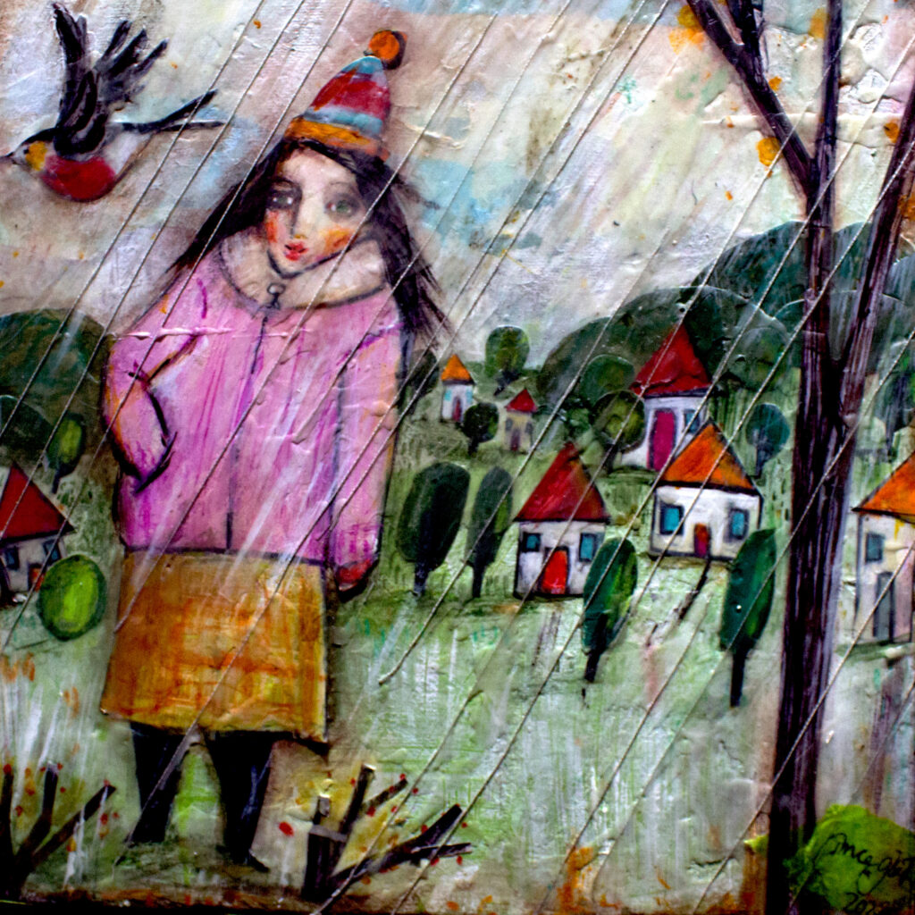 A girl wearing a pink rain jacket and colourful beanie, walks through her small village. A red breast robin flies past. Rain is falling.