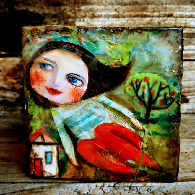 Small mixed medium canvas painting of a girl drifting through a landscape. Naive style.