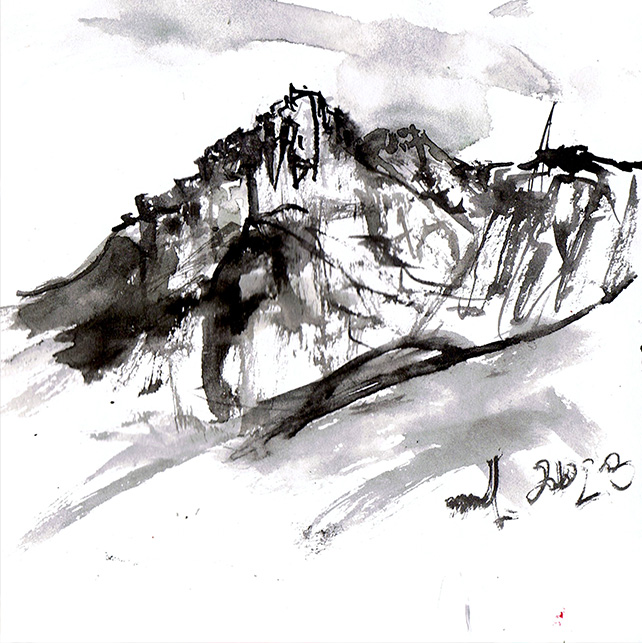 black and white watercolour sketch from Linda, Queenstown, Tasmania.