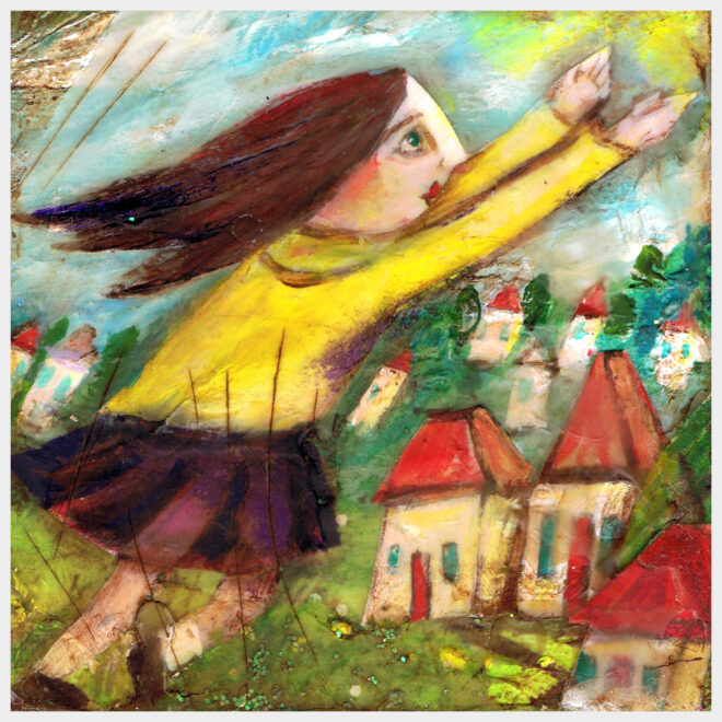 A young girl with brown hair, wearing a yellow cardigan and burgundy pleated skirt, runs trying to catch the sun. In the background are green hills and red-roofed cottages.