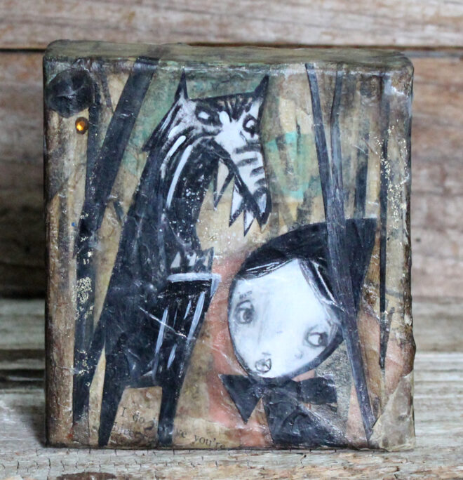 Illustration-styled mixed medium painting of the wolf and Little Red Riding Hood.