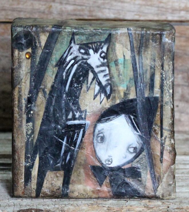 Illustration-styled mixed medium painting of the wolf and Little Red Riding Hood.