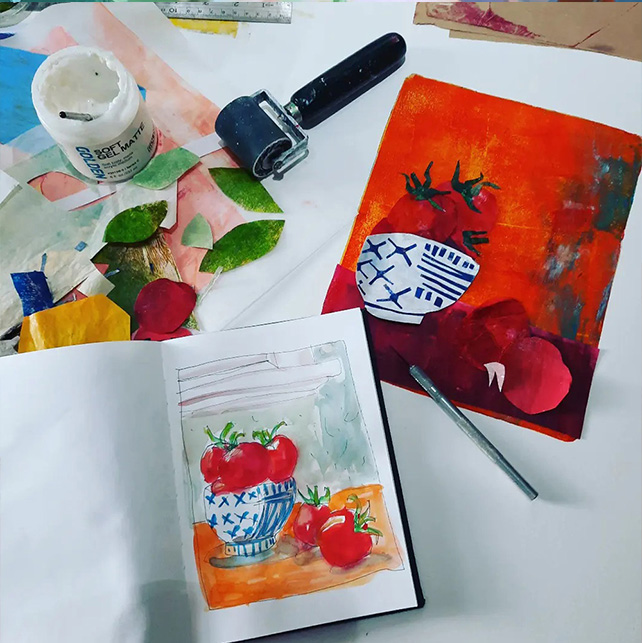 still life watercolour and collage of a bowl of tomatoes