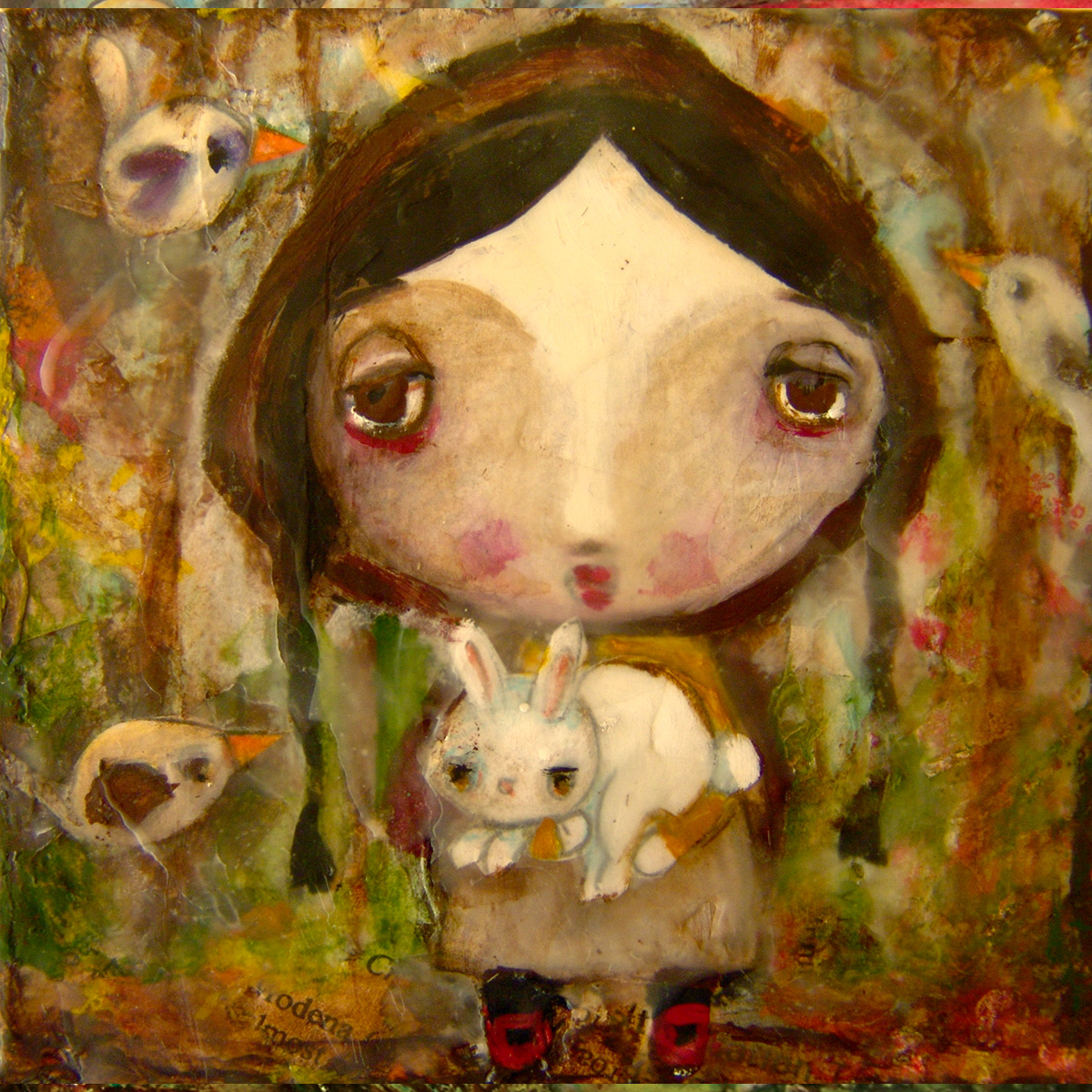 In a clearing in the woods, a young girl holds onto her rabbit. Whimsical style painting