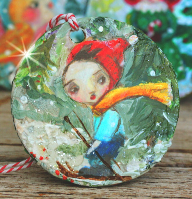 Christmas Tree Ornament - Vintage style, Skiing Boy