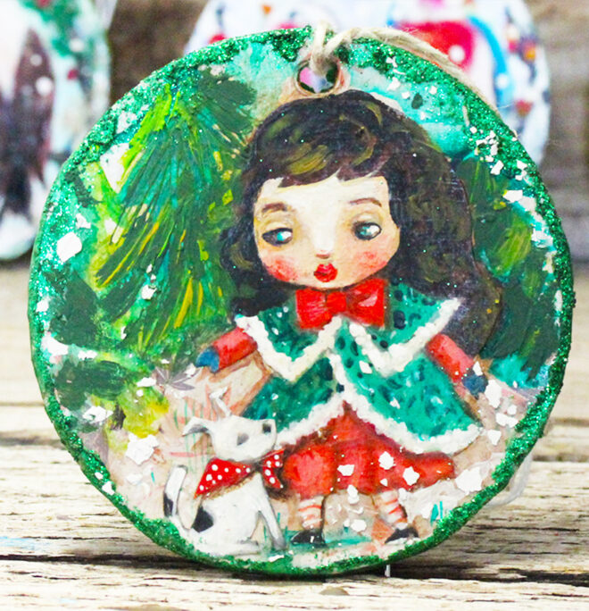 Christmas Tree Ornament - Vintage style, Girl With Her Puppy