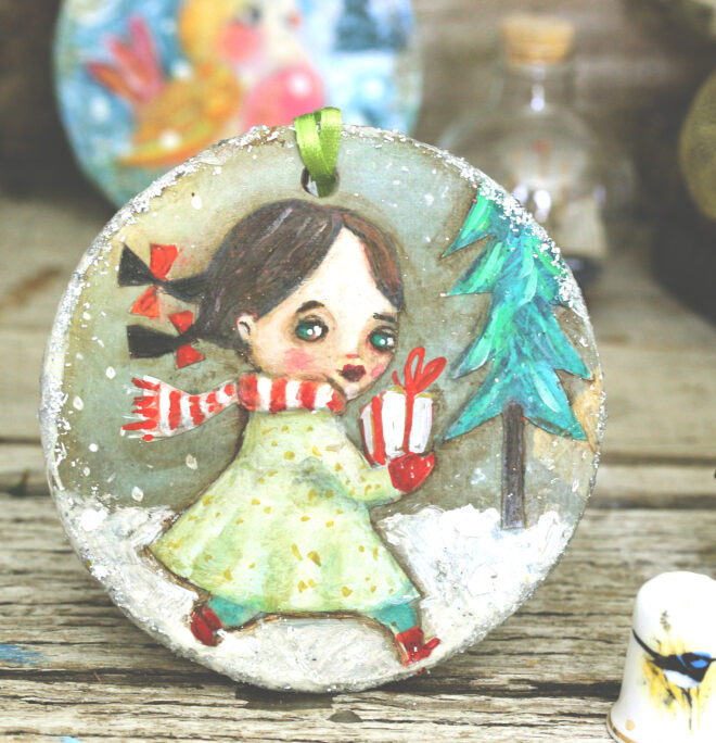 Christmas Tree Ornament - Vintage style, Girl With Present